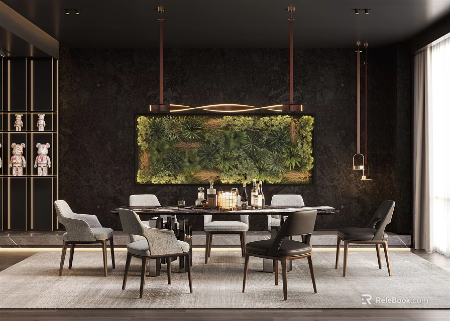 Modern Restaurant Interior With Dark Walls Green Living Wall Dining Table Chairs And Pendant Lights 3d model 
