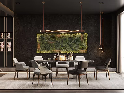 Modern Restaurant Interior With Dark Walls Green Living Wall Dining Table Chairs And Pendant Lights 3d model