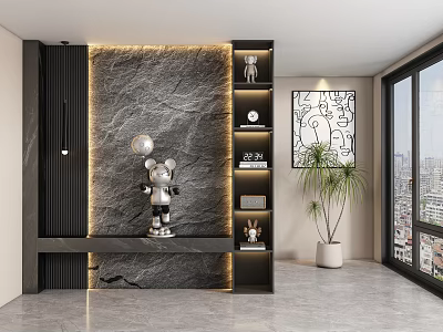 Contemporary Entryway Interior with Gray Stone Wall Lit Shelves Sculpture Potted Plant and City View 3d model