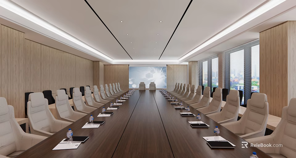 Modern Spacious Conference Room With Long Table Numerous Chairs Water Bottles And Documents By Windows 3d model 
