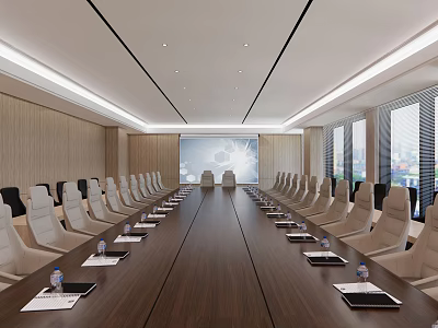 Modern Spacious Conference Room With Long Table Numerous Chairs Water Bottles And Documents By Windows 3d model