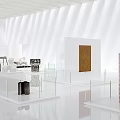 Modern Exhibition Hall Interior Featuring White Walls Ceiling Artworks Sculpture and Glass Railings