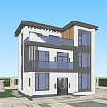 Modern Detached Villa With Black White Exterior Large Glass Windows And Balconies Surrounded By Green Trees