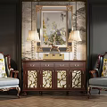 Classic Wooden Sideboard With Glass Doors And Mirror Between Two Armchairs With Table Lamps