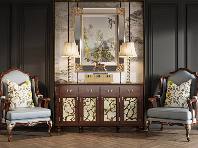 Classic Wooden Sideboard With Glass Doors And Mirror Between Two Armchairs With Table Lamps 3d model