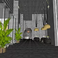 Modern Hotel Lobby With Wooden Walls Golden Pendant Lights Green Plants And Geometric Tiled Floor
