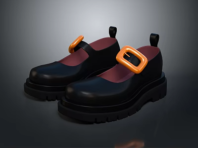 Black Platform Shoes With Orange Buckle And Pink Lining Thick Sole 3d model