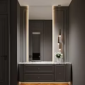 Modern Bathroom Interior With Large Mirror Hanging Lights Marble Countertop And Gray Cabinets