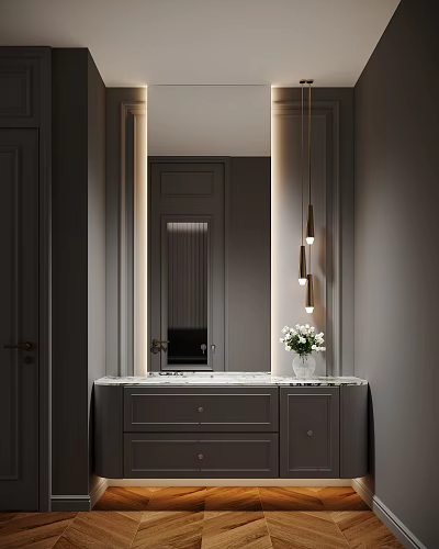 Modern Bathroom Interior With Large Mirror Hanging Lights Marble Countertop And Gray Cabinets 3d model