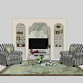 Elegant TV Background Wall With Striped Armchairs Coffee Table And Decorative Elements 3d model