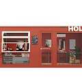 Modern Container Building With Glass Windows Interior Display Counter Wave Pattern And White Chairs
