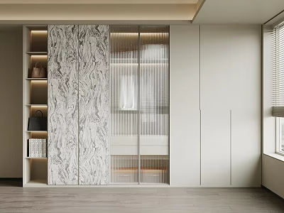 Modern Wardrobe With White Cabinets Open Shelves Marble Texture And Sliding Glass Doors 3d model