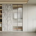 Modern Wardrobe With White Cabinets Open Shelves Marble Texture And Sliding Glass Doors