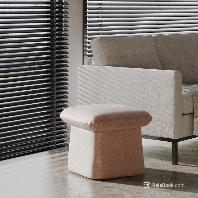 Light Pink Side Table Next To Light Grey Sofa With Black Blinds In Living Room 3d model 