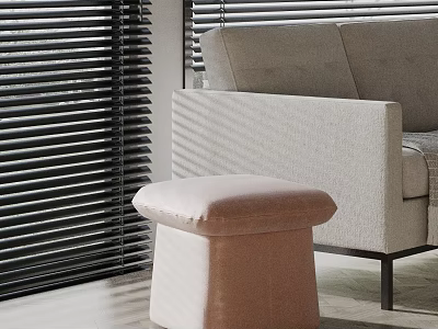 Light Pink Side Table Next To Light Grey Sofa With Black Blinds In Living Room 3d model