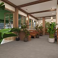 Joyful Restaurant Exterior With Green Awning Glass Windows Brick Walls And Potted Plants