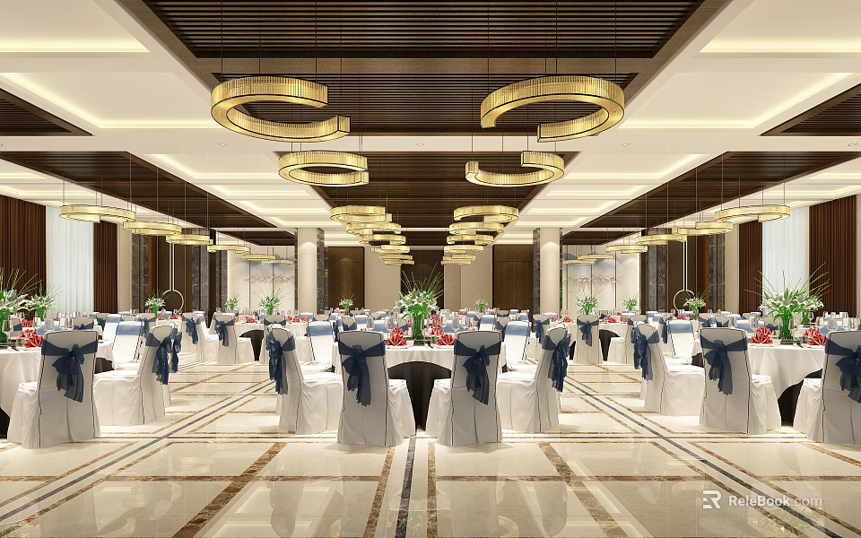 Luxurious Banquet Hall With White Tablecloths Blue Bow Chairs Circular Chandeliers And Green Decor 3d model 
