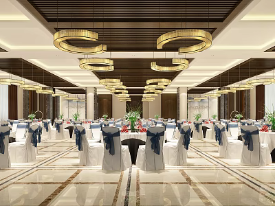 Luxurious Banquet Hall With White Tablecloths Blue Bow Chairs Circular Chandeliers And Green Decor 3d model