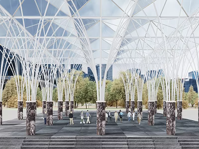 Modern Garden Landscape With White Metal Arch Framework Marble Columns Trees And People 3d model