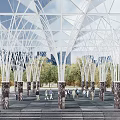 Modern Garden Landscape With White Metal Arch Framework Marble Columns Trees And People