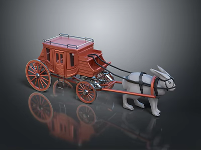 White Rabbit Pulling Red Vintage Carriage With Wooden Body And Red Wheels 3d model