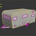 White Vintage Travel Trailer with Striped Exterior Windows and Classic Wheels Design