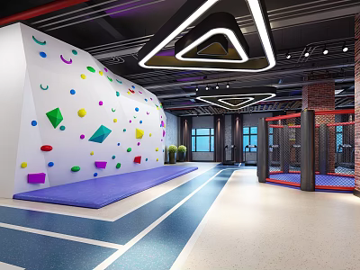 Indoor Sports Fitness Gym Featuring Colorful Holds Climbing Wall Blue Mat Track And Fighting Cage 3d model