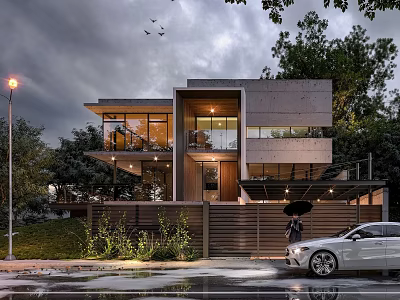 Modern Two Story Single Family House With Concrete Exterior Large Windows And White Car 3d model