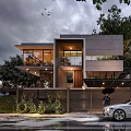 Modern Two Story Single Family House With Concrete Exterior Large Windows And White Car