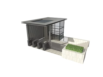 Modern Entrance Gate Design With Sloped Canopy Glass Panels And Stone Wall Greenery 3d model