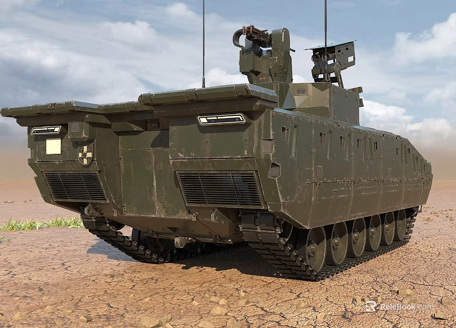 Modern Military Tank With Turret Tracks And Antennas On Dry Arid Ground 3d model 