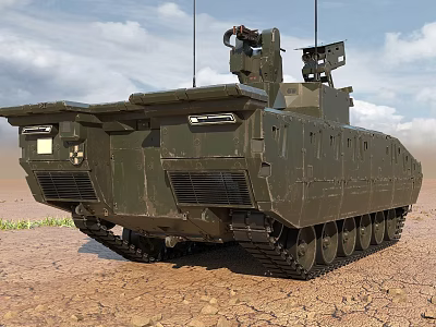 Modern Military Tank With Turret Tracks And Antennas On Dry Arid Ground 3d model