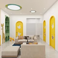 Bright Yellow Kindergarten Reception Area With Rainbow Decorations And Cartoon Elements 3d model