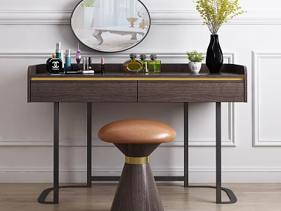 Elegant Dark Wooden Dressing Table with Round Mirror Perfume Bottles Skincare Products and Stool 3d model