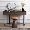 Elegant Dark Wooden Dressing Table with Round Mirror Perfume Bottles Skincare Products and Stool