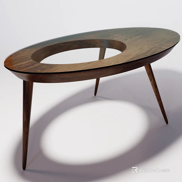 Modern Oval Coffee Table With Wooden Frame Glass Top Circular Cutout And Slim Legs 3d model 