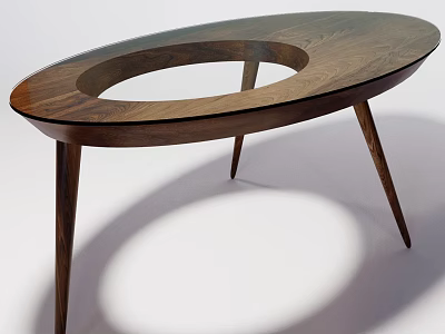 Modern Oval Coffee Table With Wooden Frame Glass Top Circular Cutout And Slim Legs 3d model