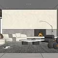 Modern Living Room Interior With White Curved Sofa Pillows Fireplace And Round Coffee Table