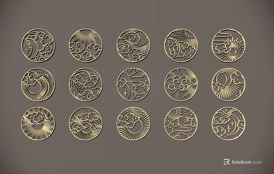 Elegant Circular Gold Wall Decorations With Intricate Moon Sun Cloud Patterns 3d model