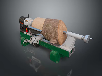 Green Wood Lathe Machine Processing Wooden Log With Metal Components And Control Panel 3d model