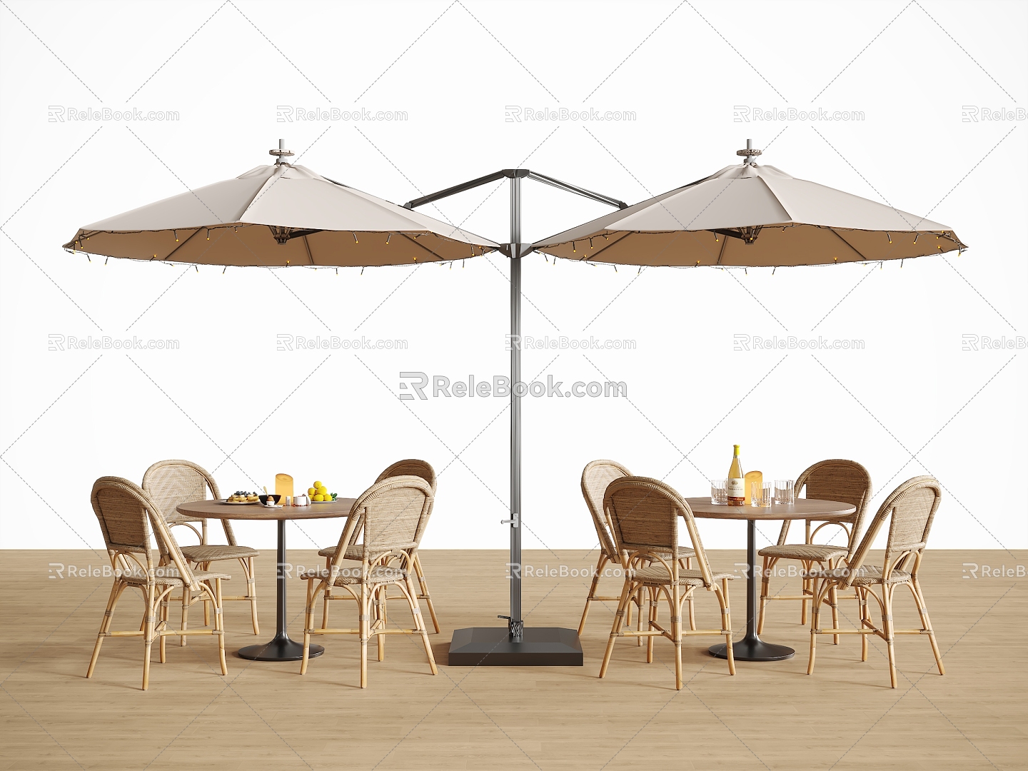 Modern Courtyard Outdoor Table and Chair Combination Outdoor Table and Chair Rattan Chair Sunshade Umbrella Plant Pile Plant Combination Card Seat model