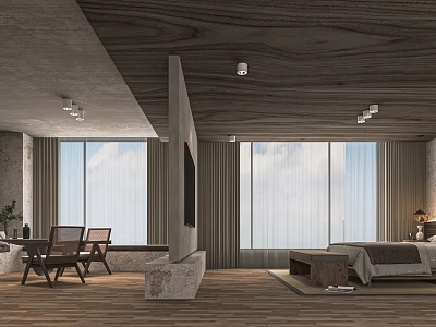 Modern Hotel Guest Room With Wooden Ceiling Large Windows And Natural Light 3d model