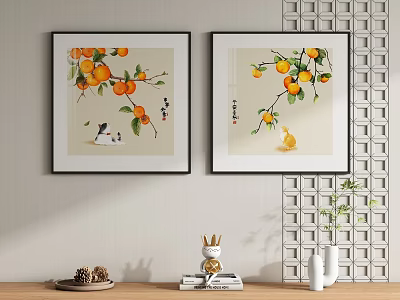Two Framed Botanical Paintings With Orange Fruits And Birds For Interior Decor 3d model