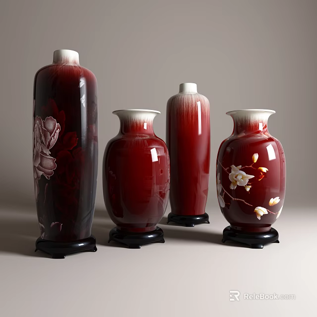 Red Ceramic Vases With Floral Patterns In Various Shapes And Black Bases 3d model