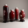 Red Ceramic Vases With Floral Patterns In Various Shapes And Black Bases 3d model