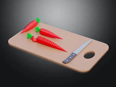 Fresh Red Carrots on Wooden Cutting Board with Sharp Kitchen Knife 3d model