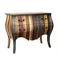 Unique Vintage Multicolored Striped Decorative Cabinet With Drawers And Wooden Legs