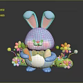 Blue Rabbit with Pink Ears holding Carrot and Egg surrounded by Colorful Flowers