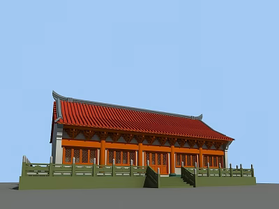 Ancient Chinese Architecture With Red Roof Overhanging Eaves Orange Columns And Green Railings 3d model