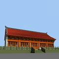 Ancient Chinese Architecture With Red Roof Overhanging Eaves Orange Columns And Green Railings